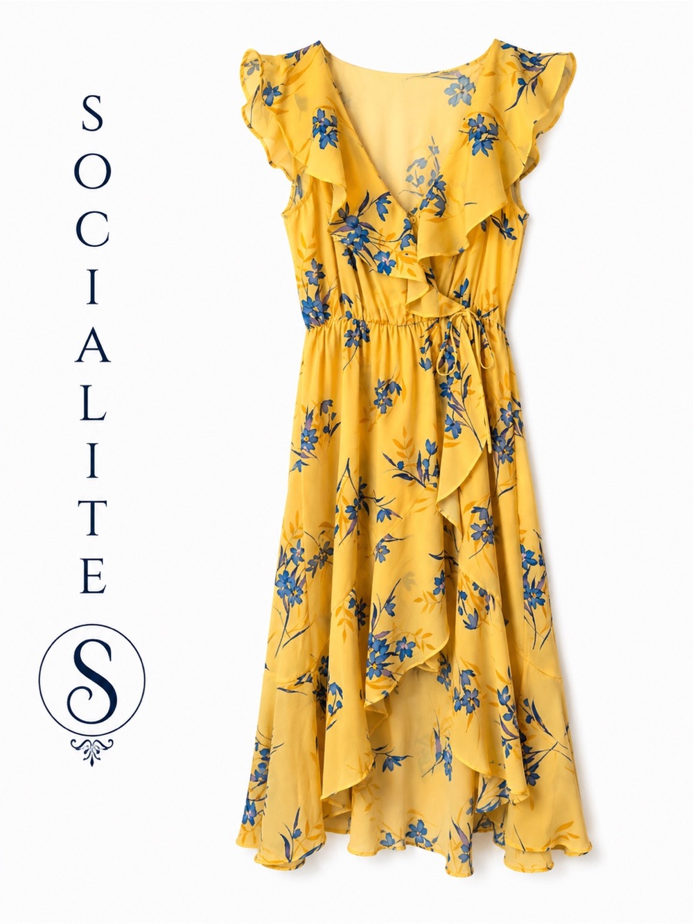 Socialite Yellow Floral Ruffle Wrap Maxi Dress Small Boho Cottagecore